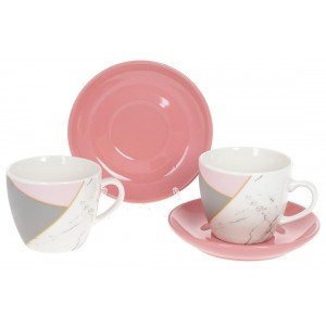 Кофейный набор фарфоровый: 2 чашки 240мл + 2 блюдца, цвет - розовый с белым