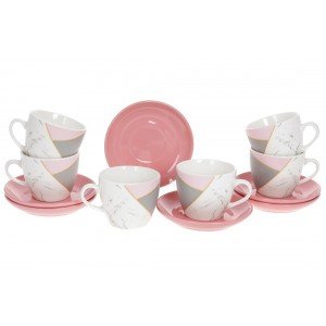 Кофейный набор фарфоровый: 6 чашек 240мл + 6 блюдец, цвет - розовый с белым